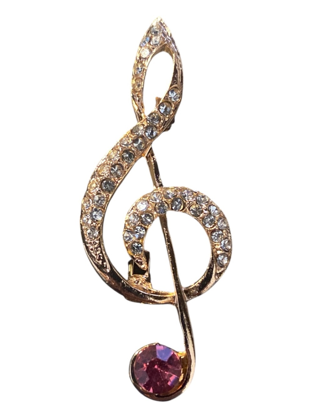 Gold-tone Treble Clef Brooch with Pink Crystal Accent